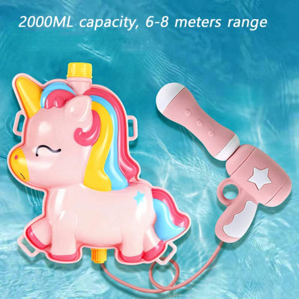 Unicorn-shaped water gun with a hose on a blue water background