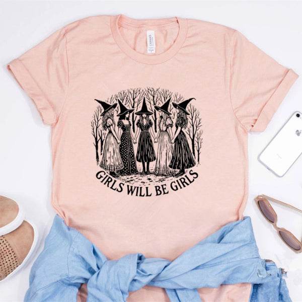 🎃 Vintage Halloween Witch Shirt - Girls Will Be Girls Feminist Tee, Funny Witchy Vibes Shirt, Halloween Women's Shirt, Gift for Her - Patelcreations