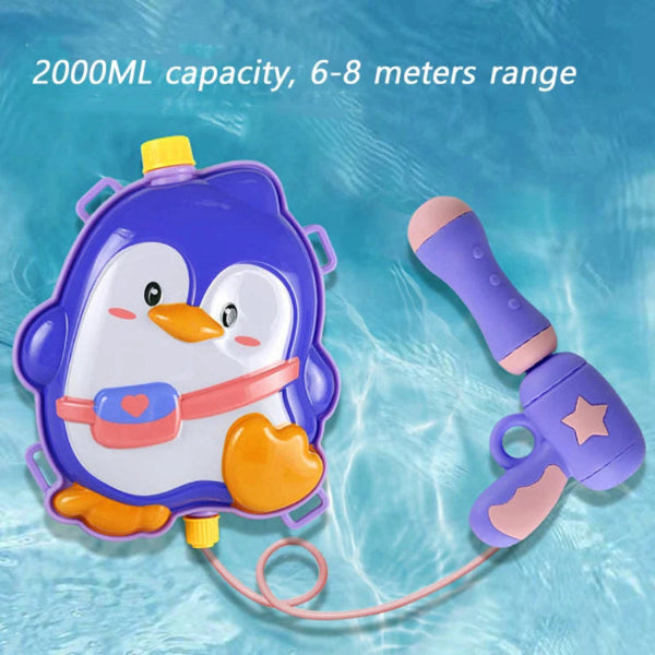 Penguin-shaped water gun with hose on a blue water background