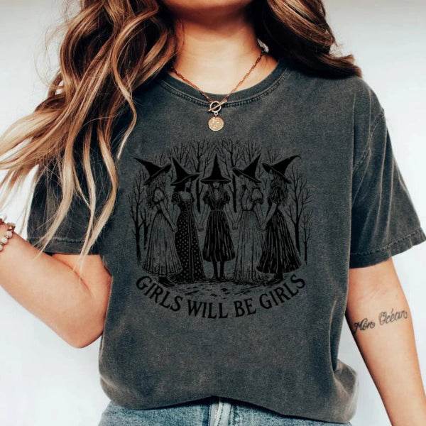 🎃 Vintage Halloween Witch Shirt - Girls Will Be Girls Feminist Tee, Funny Witchy Vibes Shirt, Halloween Women's Shirt, Gift for Her - Patelcreations