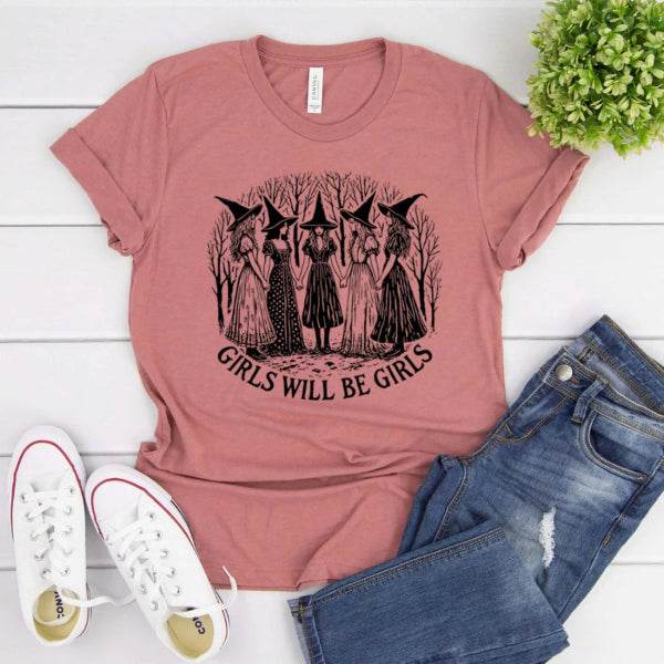 🎃 Vintage Halloween Witch Shirt - Girls Will Be Girls Feminist Tee, Funny Witchy Vibes Shirt, Halloween Women's Shirt, Gift for Her - Patelcreations