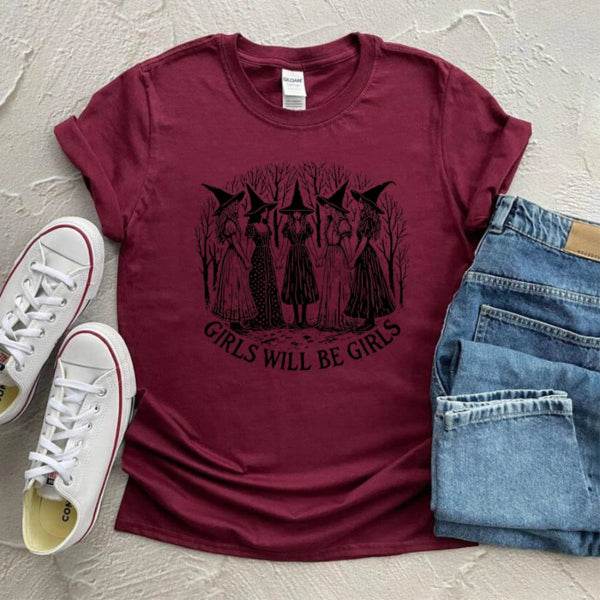 🎃 Vintage Halloween Witch Shirt - Girls Will Be Girls Feminist Tee, Funny Witchy Vibes Shirt, Halloween Women's Shirt, Gift for Her - Patelcreations