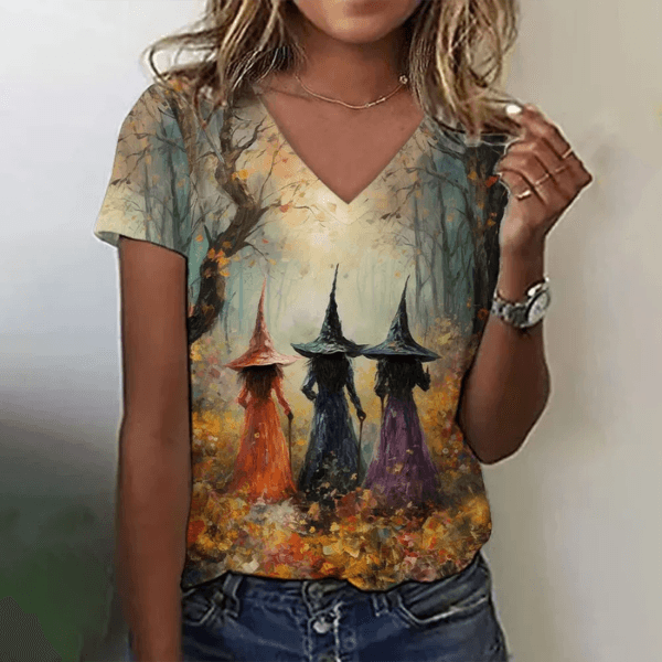 Watercolor Witch Sisters T-Shirt - Artistic Halloween Witchy Vibes Tee - Mystical Forest Coven Shirt - Women's V-Neck Witch Aesthetic Top - Patelcreations