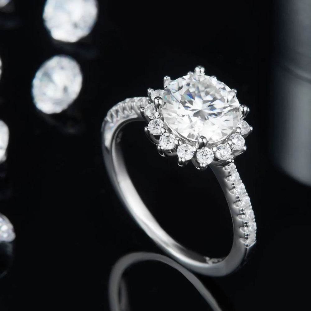 2 Carat Moissanite Ring - Sterling Silver Sunflower Halo Design - Patelcreations