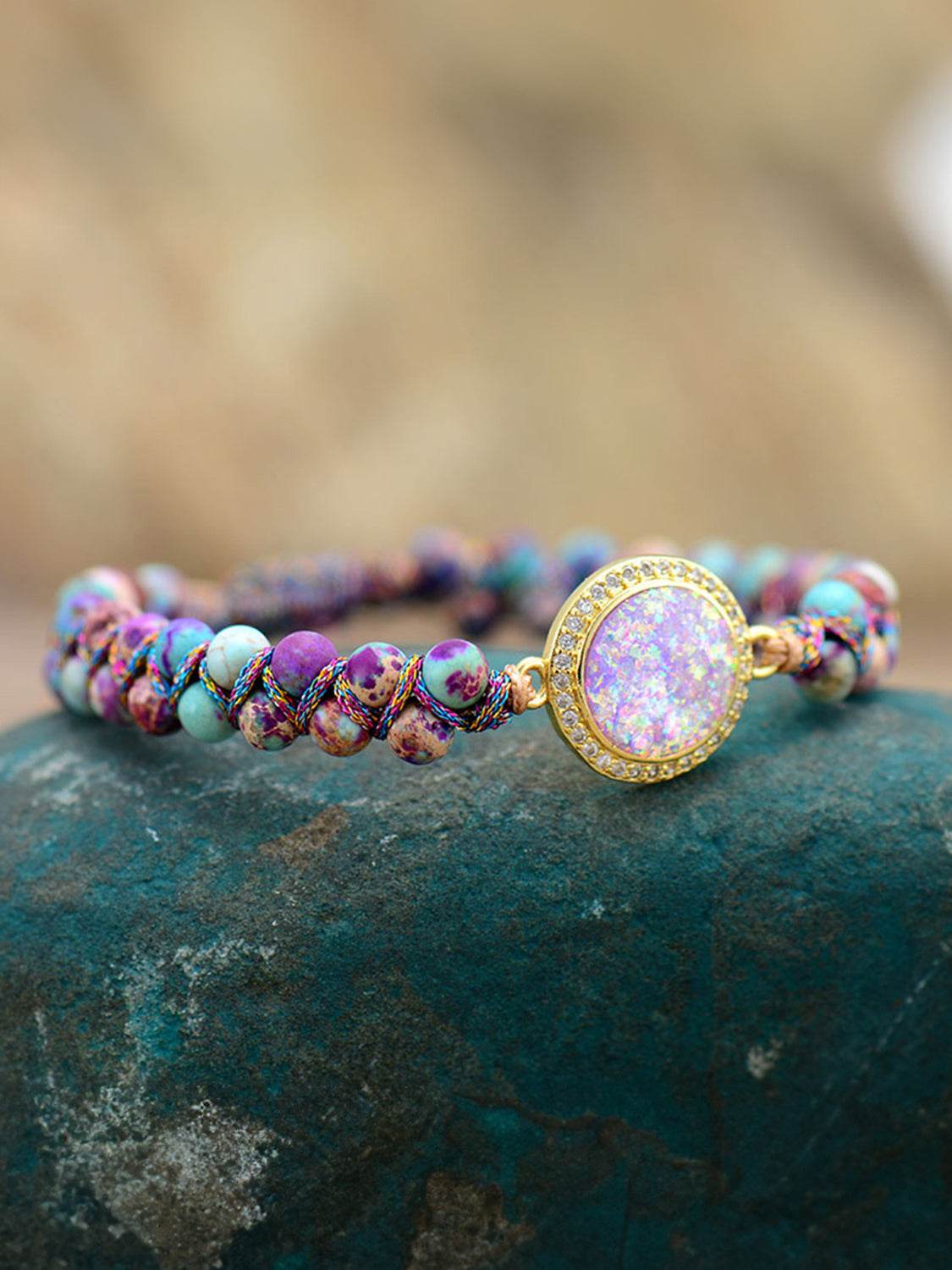 Handmade Imperial Jasper Beaded Bracelet - Opal Centerpiece Exotic Luxury Jewelry - Patelcreations