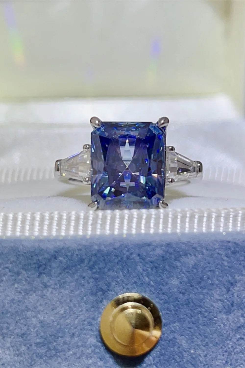 5 Carat Deep Blue Moissanite Ring - Platinum Plated Three Stone Emerald Cut - Patelcreations