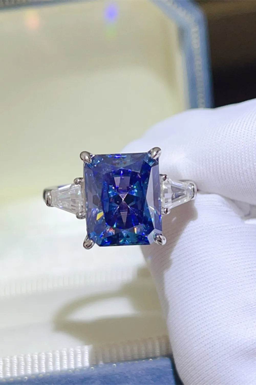 5 Carat Deep Blue Moissanite Ring - Platinum Plated Three Stone Emerald Cut - Patelcreations