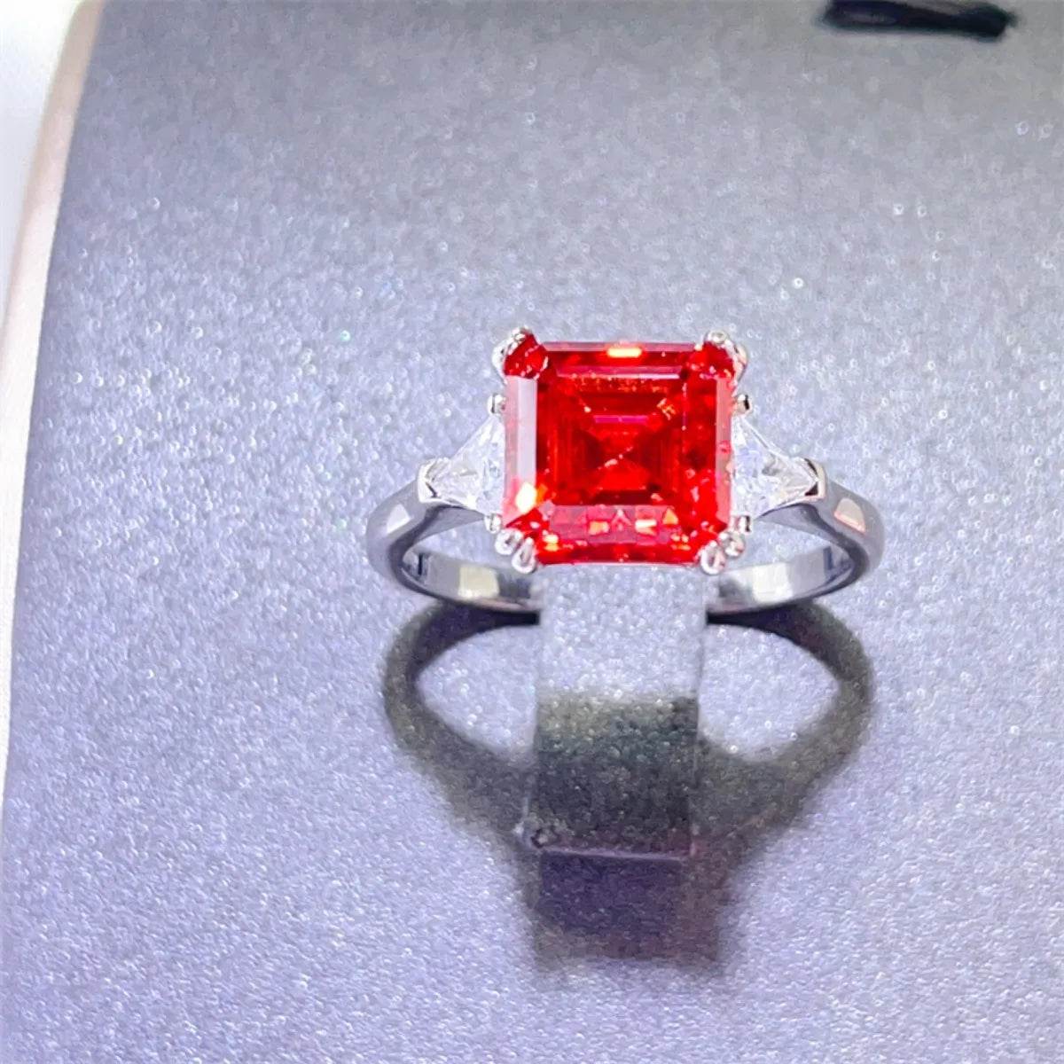 3 Carat Red Moissanite 925 Sterling Silver Ring - Emerald Cut Three-Stone Design - Patelcreations