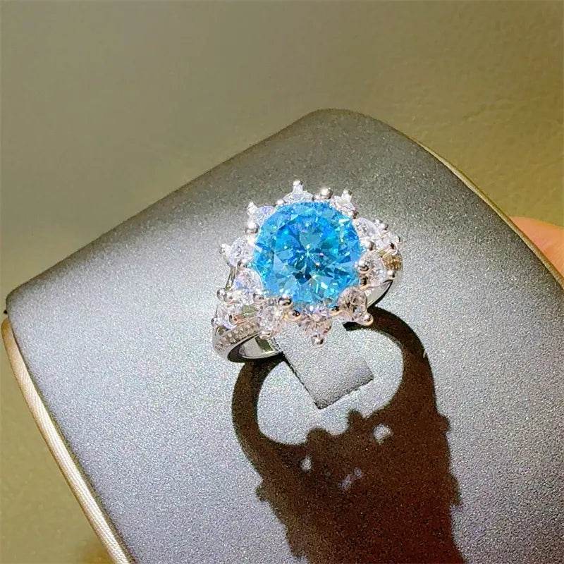 3 Carat Blue Moissanite Ring - Sterling Silver Oval Halo Design - Patelcreations