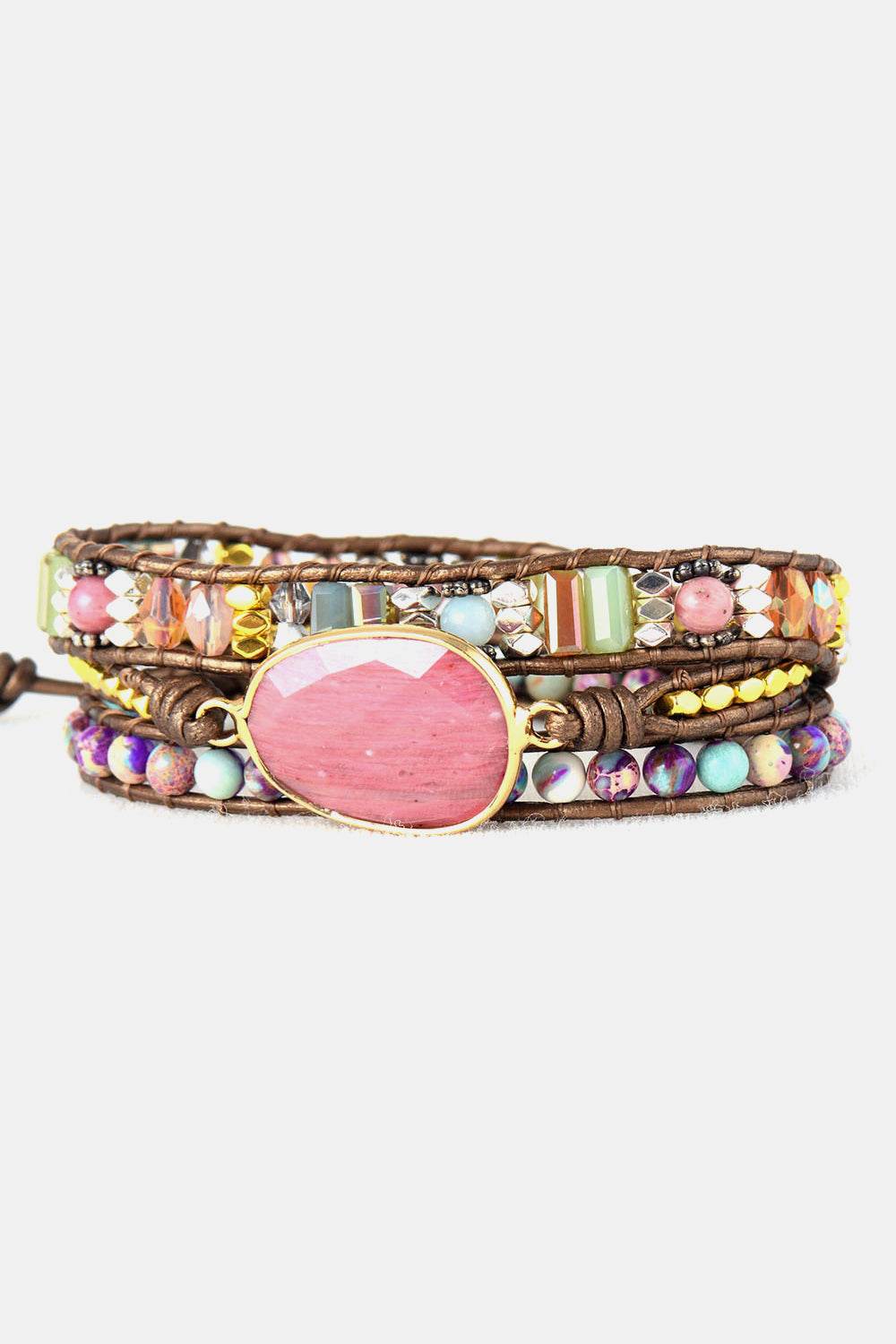 Handmade Crystal Beaded Natural Stone Bracelet - Pink Rhodonite Rainbow Bohemian - Patelcreations