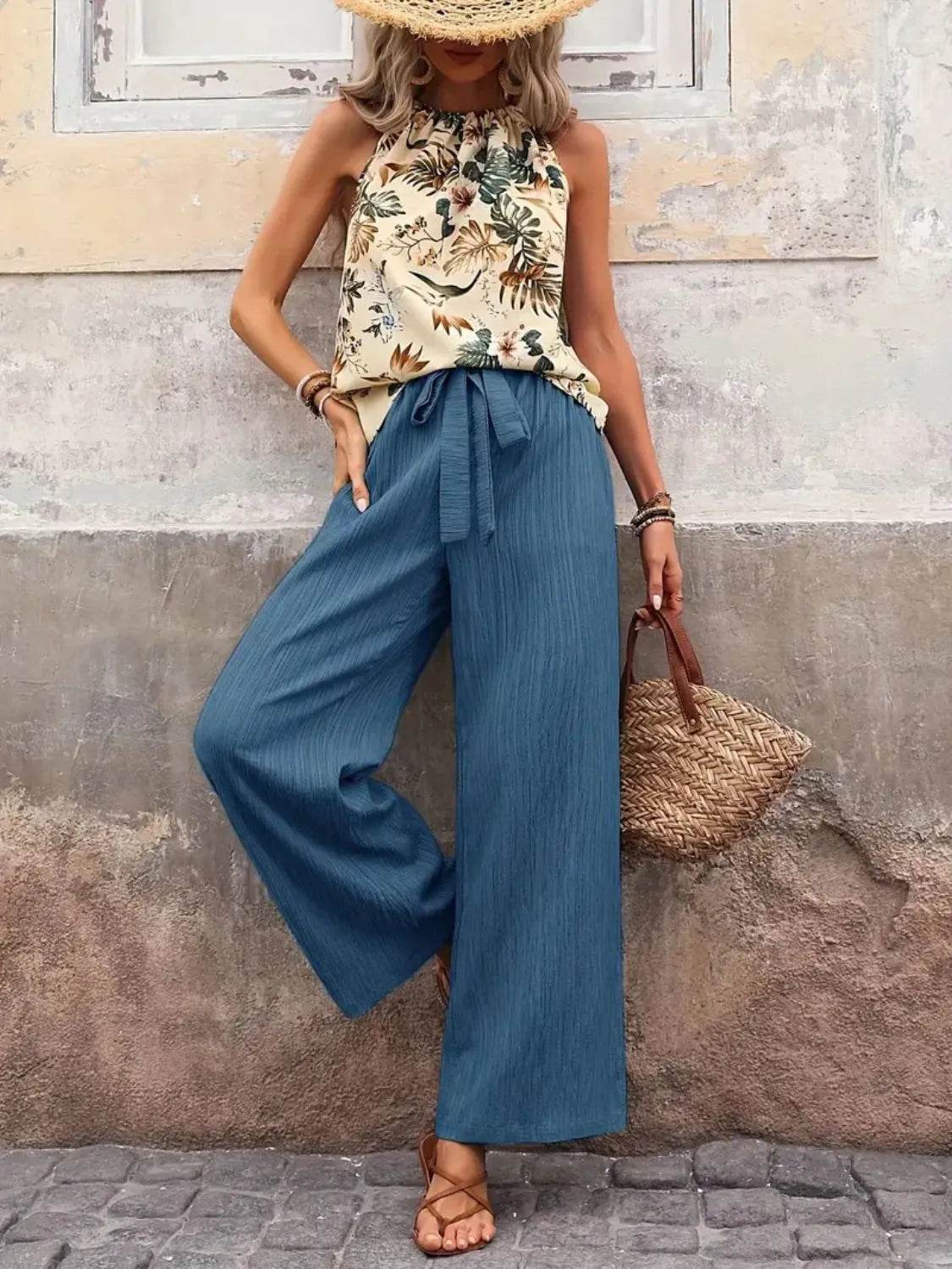 🌿 Meadow Glow Printed Tank Top and Wide Leg Pants Set - Patelcreations