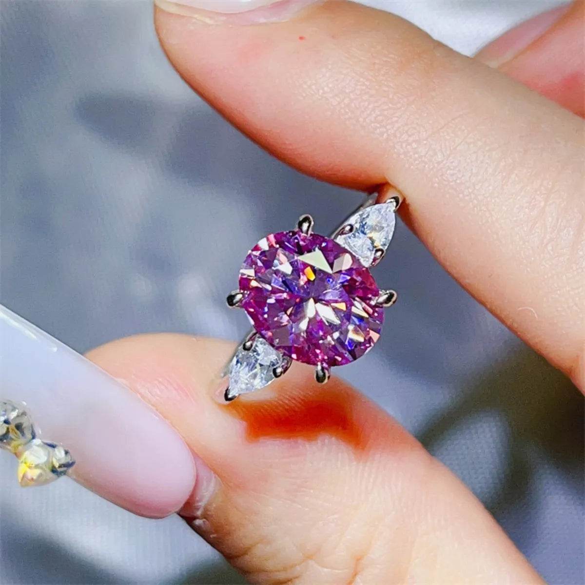 3 Carat Purple Moissanite 925 Sterling Silver Ring - Oval Cut Three-Stone Design - Patelcreations