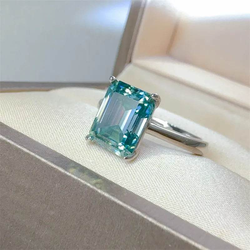 2 Carat Teal Blue Moissanite Ring - Sterling Silver Emerald Cut Solitaire - Patelcreations