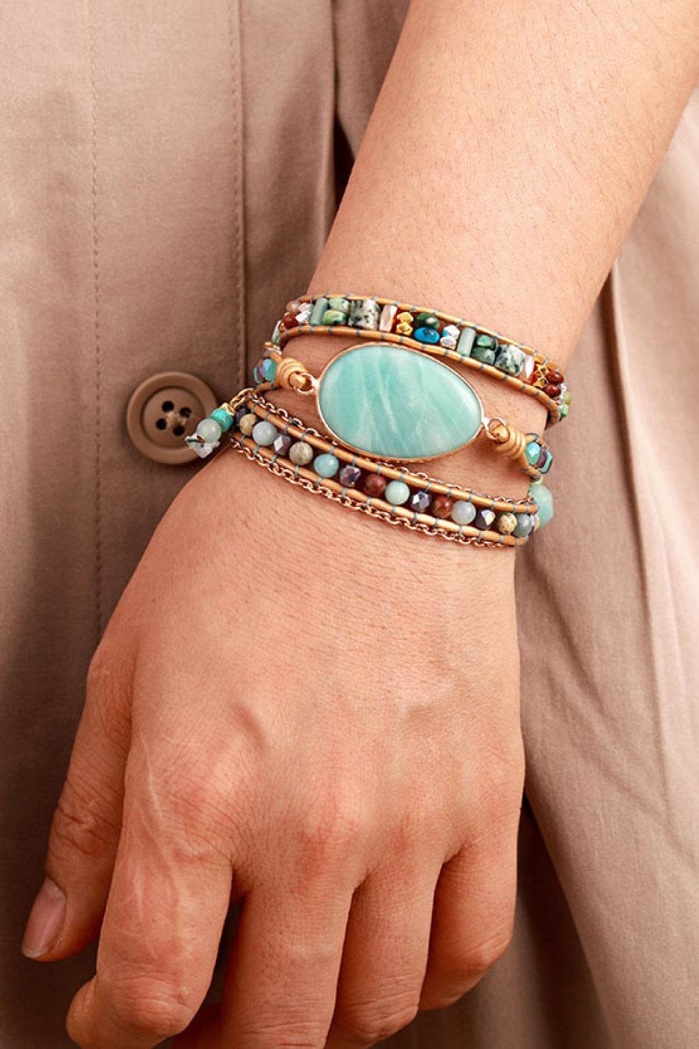 Handmade Natural Stone Beaded Triple Layer Bracelet - Jade Centerpiece Luxury Wrap - Patelcreations