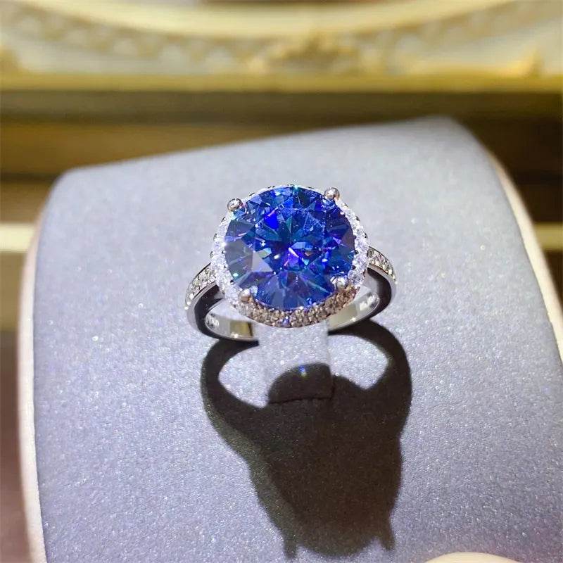 5 Carat Royal Blue Moissanite Ring - Sterling Silver Round Halo Design - Patelcreations