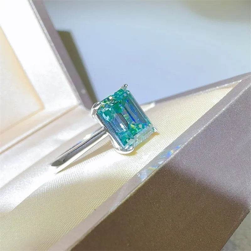 2 Carat Teal Blue Moissanite Ring - Sterling Silver Emerald Cut Solitaire - Patelcreations