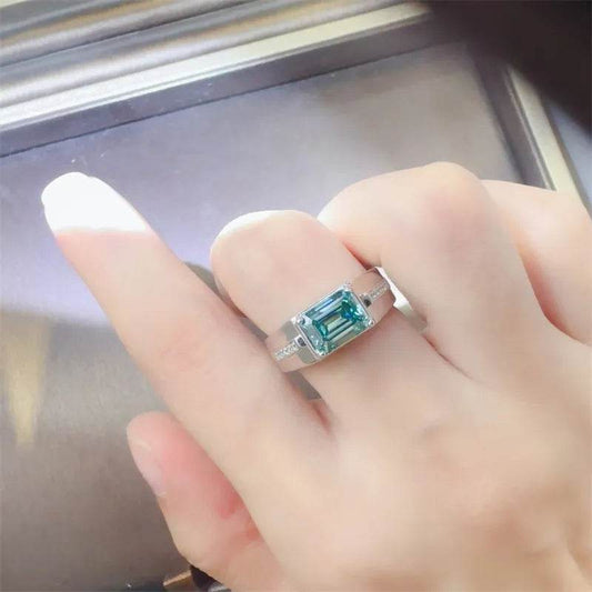 3 Carat Teal Blue Moissanite Ring - Sterling Silver Emerald Cut with Accents - Patelcreations