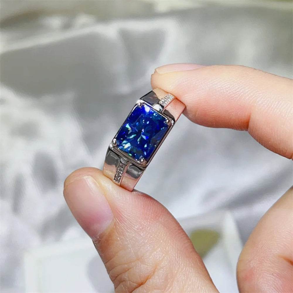 2 Carat Royal Blue Moissanite Men's Ring - Platinum Plated Emerald Cut - Patelcreations