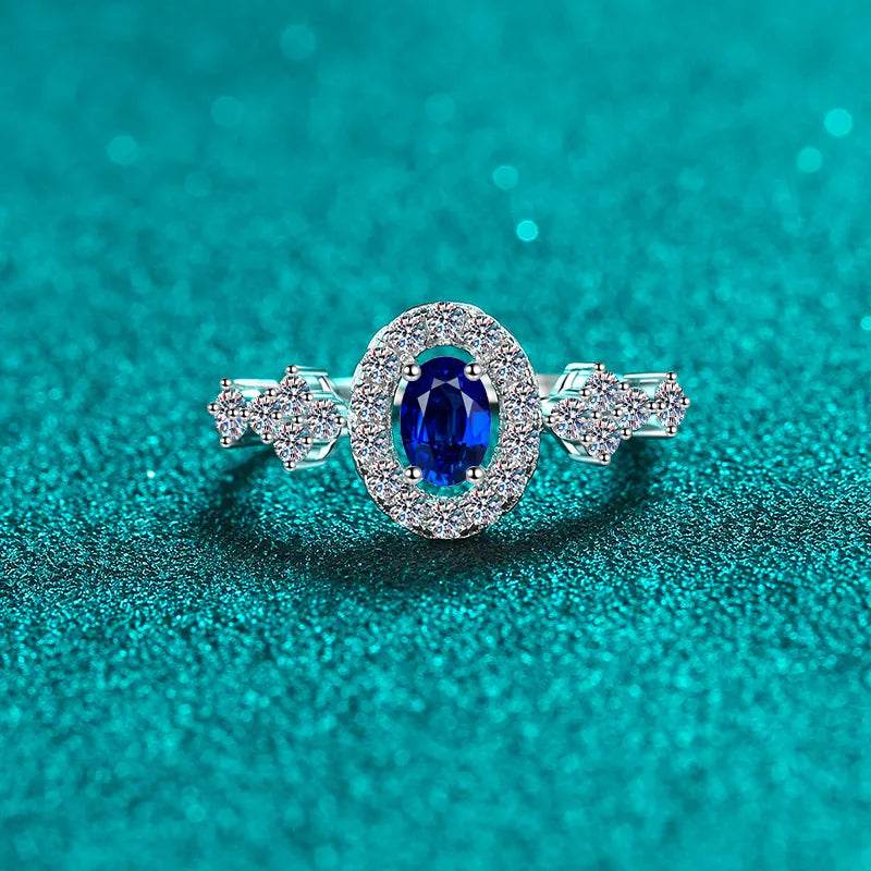 0.5 Carat Blue Moissanite Ring - Sterling Silver Oval Halo Design - Patelcreations