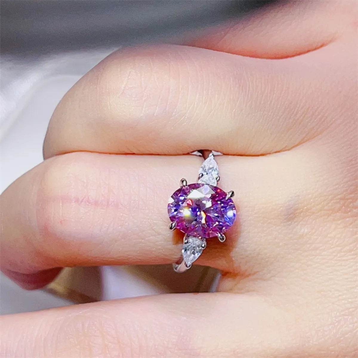 3 Carat Purple Moissanite 925 Sterling Silver Ring - Oval Cut Three-Stone Design - Patelcreations