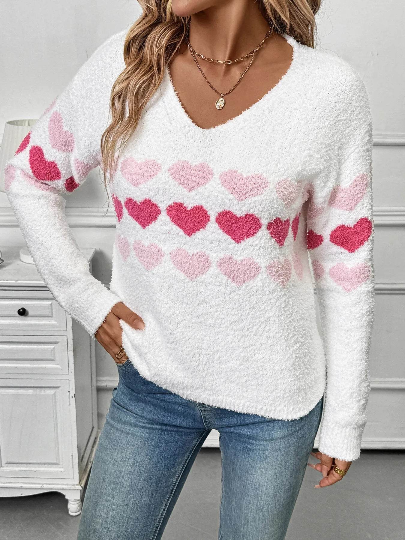 ❤️ Heart Pattern V-Neck Fall Sweater - Patelcreations