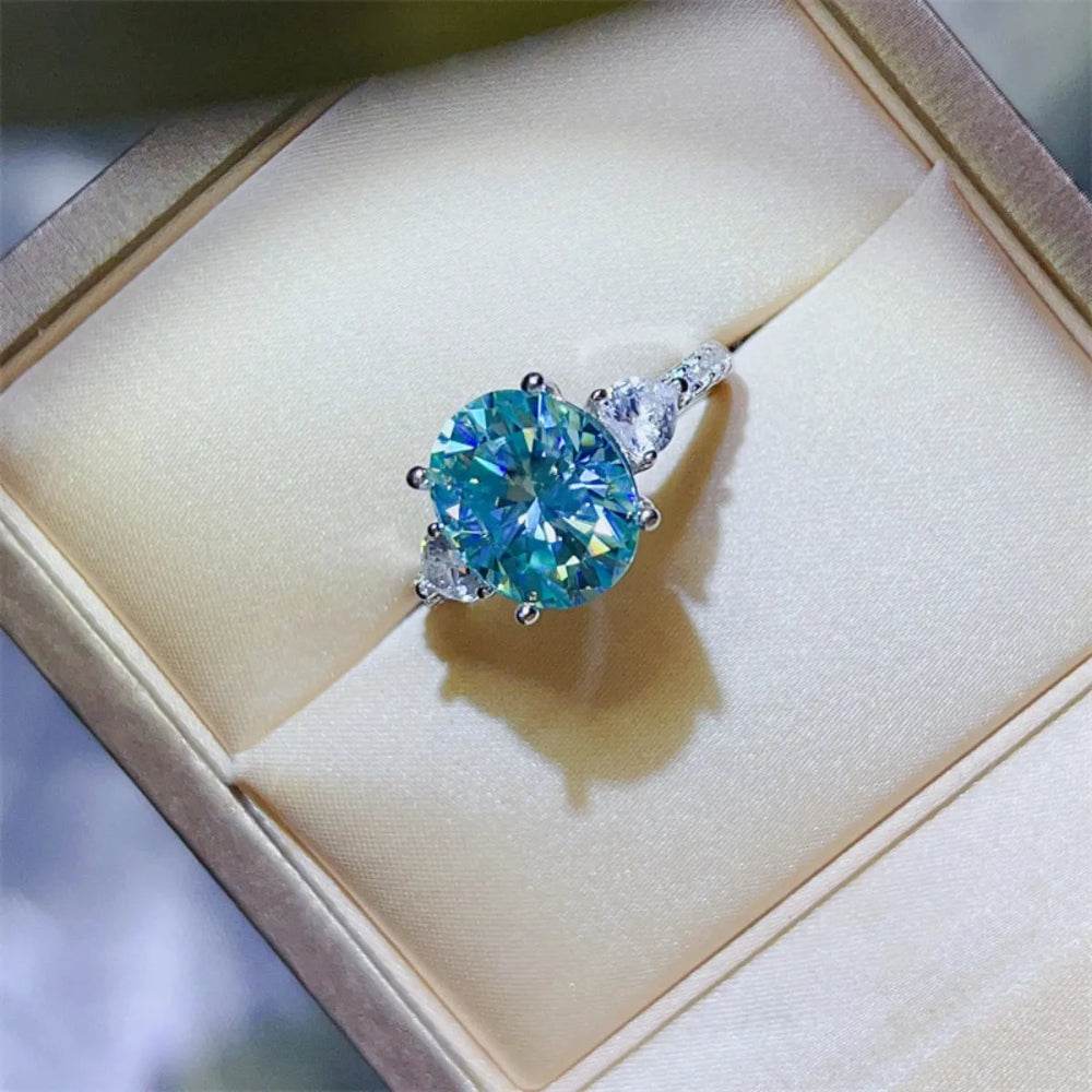 5 Carat Turquoise Moissanite Ring - Platinum Plated Three Stone Design - Patelcreations