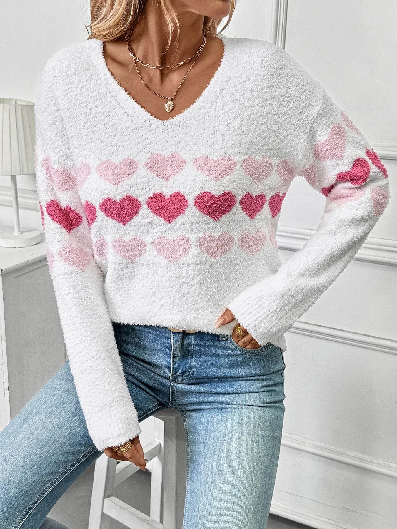 ❤️ Heart Pattern V-Neck Fall Sweater - Patelcreations