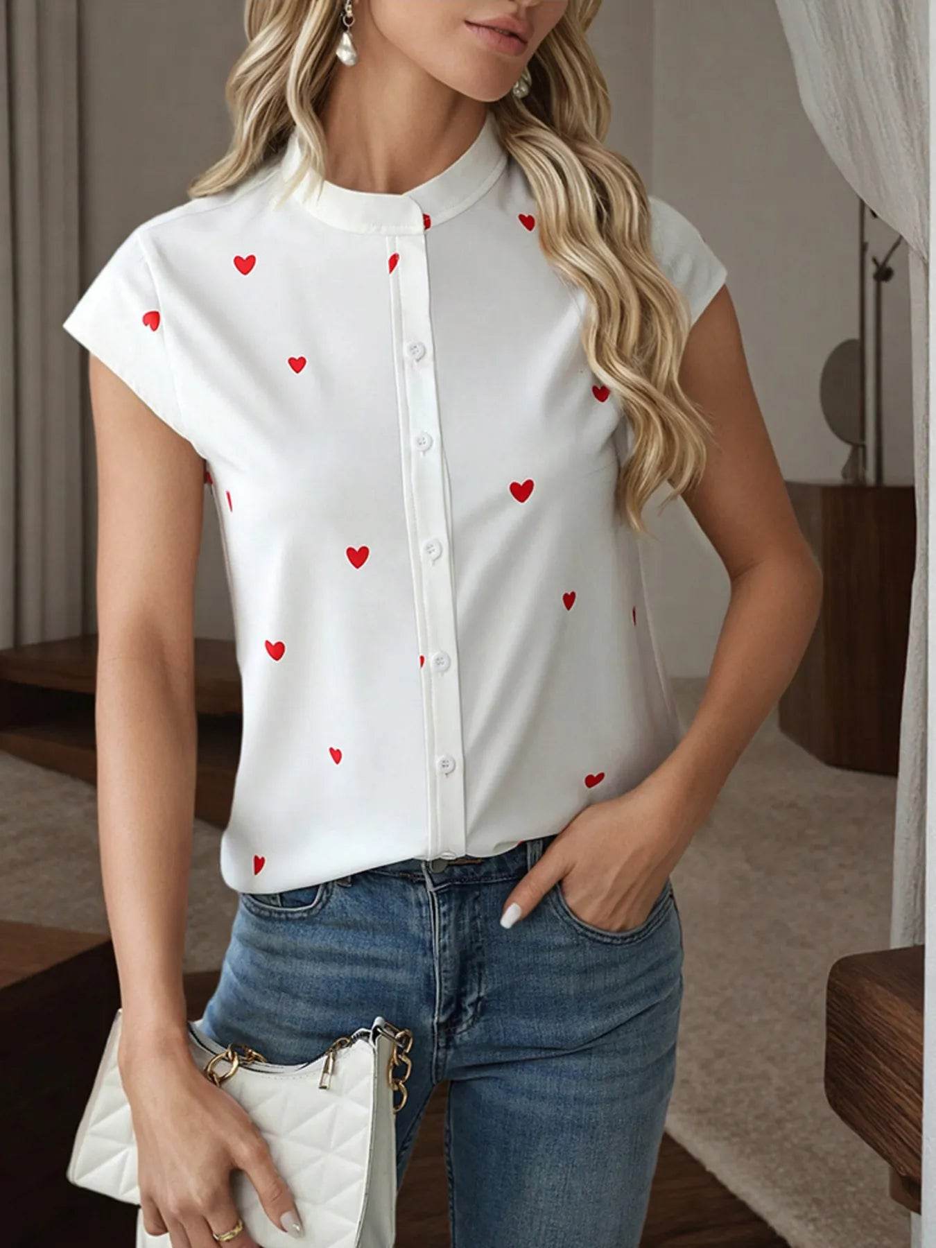 ❤️✨ Heart Print Cap Sleeve Button-Up Shirt 👕💕 - Patelcreations