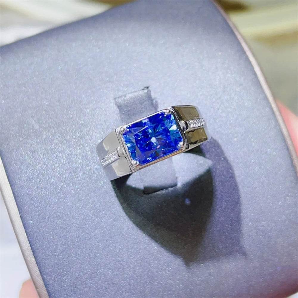 2 Carat Royal Blue Moissanite Men's Ring - Platinum Plated Emerald Cut - Patelcreations