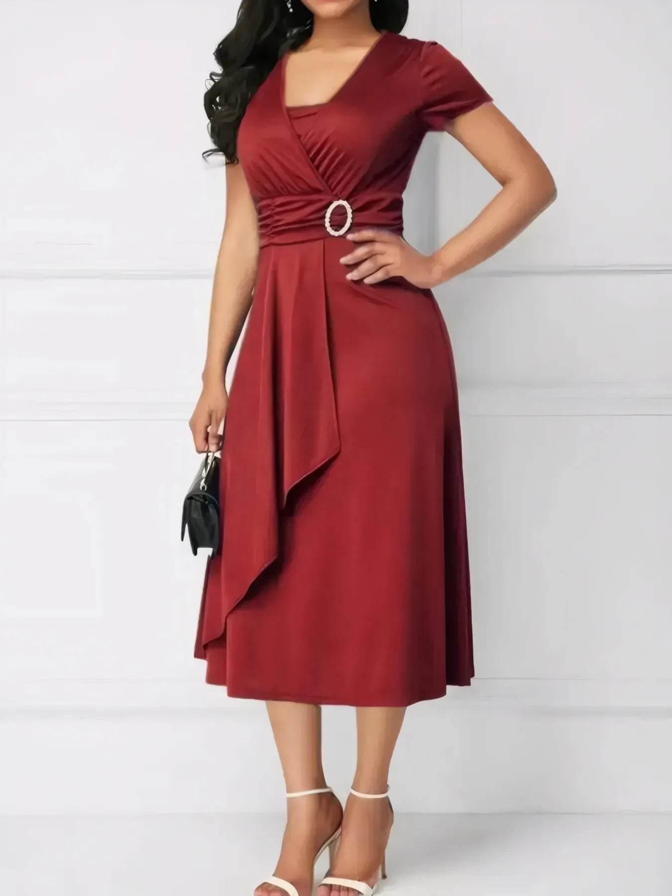Short Sleeve Midi Wrap Dress with Belt Detail - Classic Elegance | 3 Colors - Patelcreations