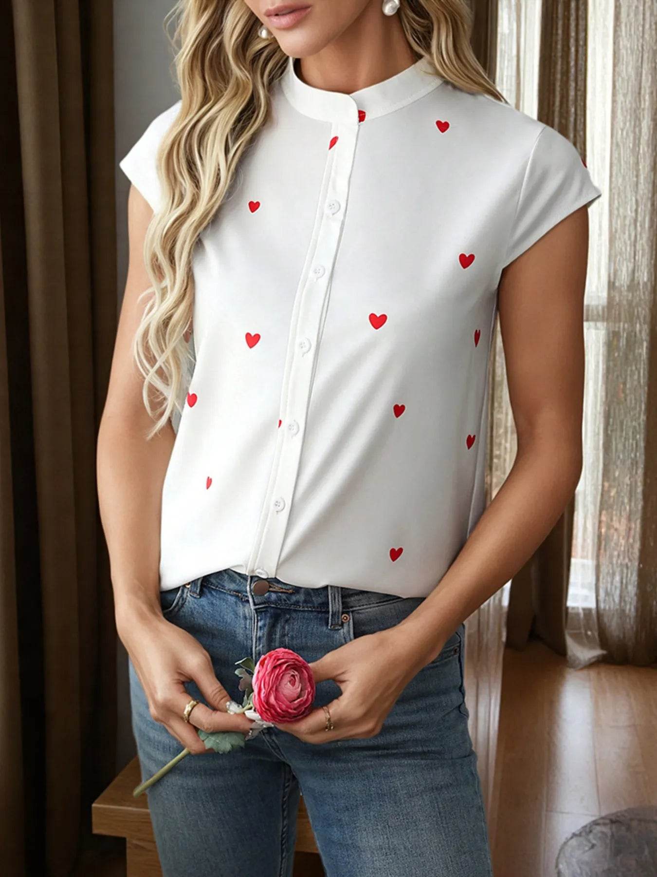 ❤️✨ Heart Print Cap Sleeve Button-Up Shirt 👕💕 - Patelcreations