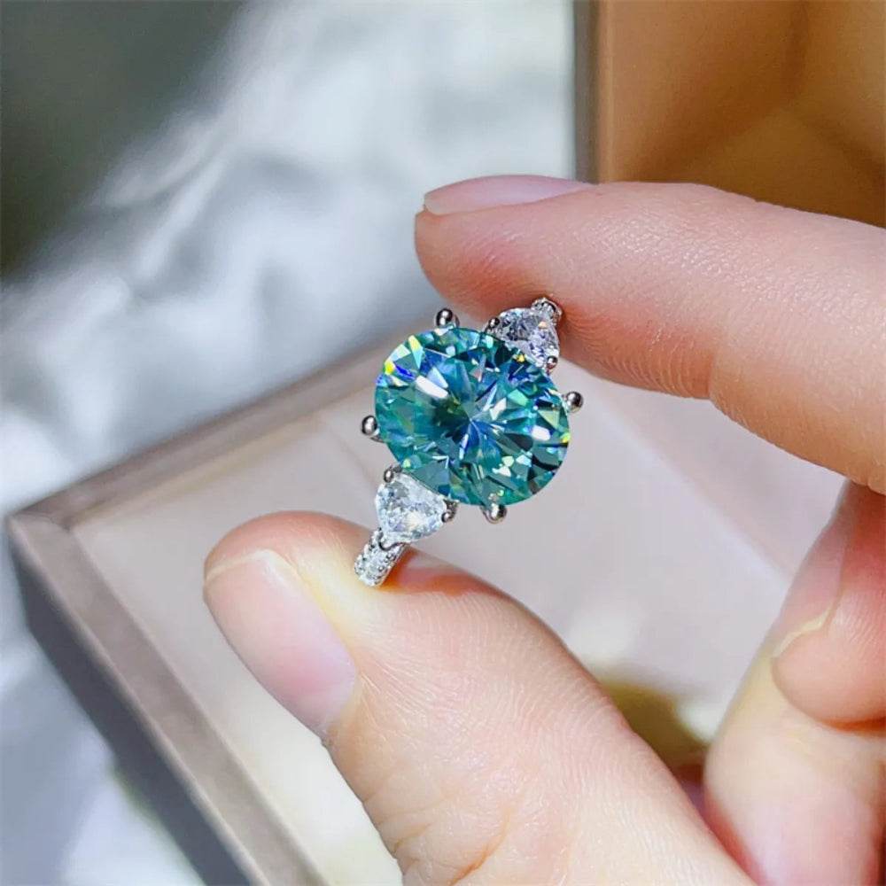 5 Carat Turquoise Moissanite Ring - Platinum Plated Three Stone Design - Patelcreations