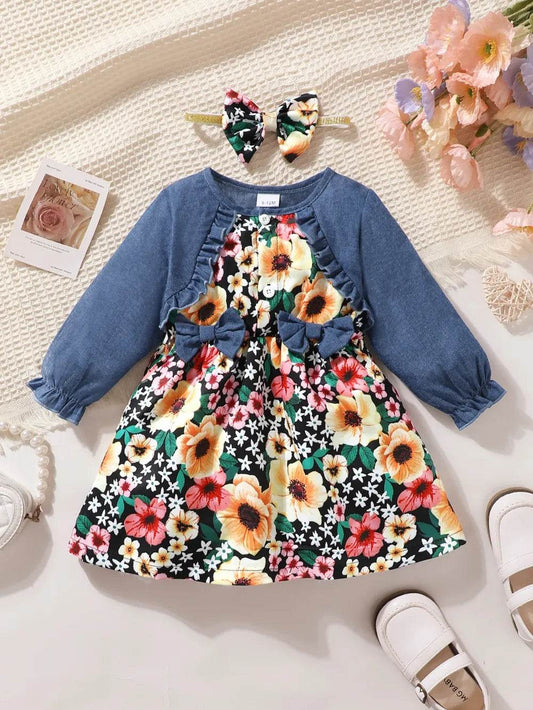 Children's Ruffled Bow Contrast Floral Dress with Headband - Patelcreations