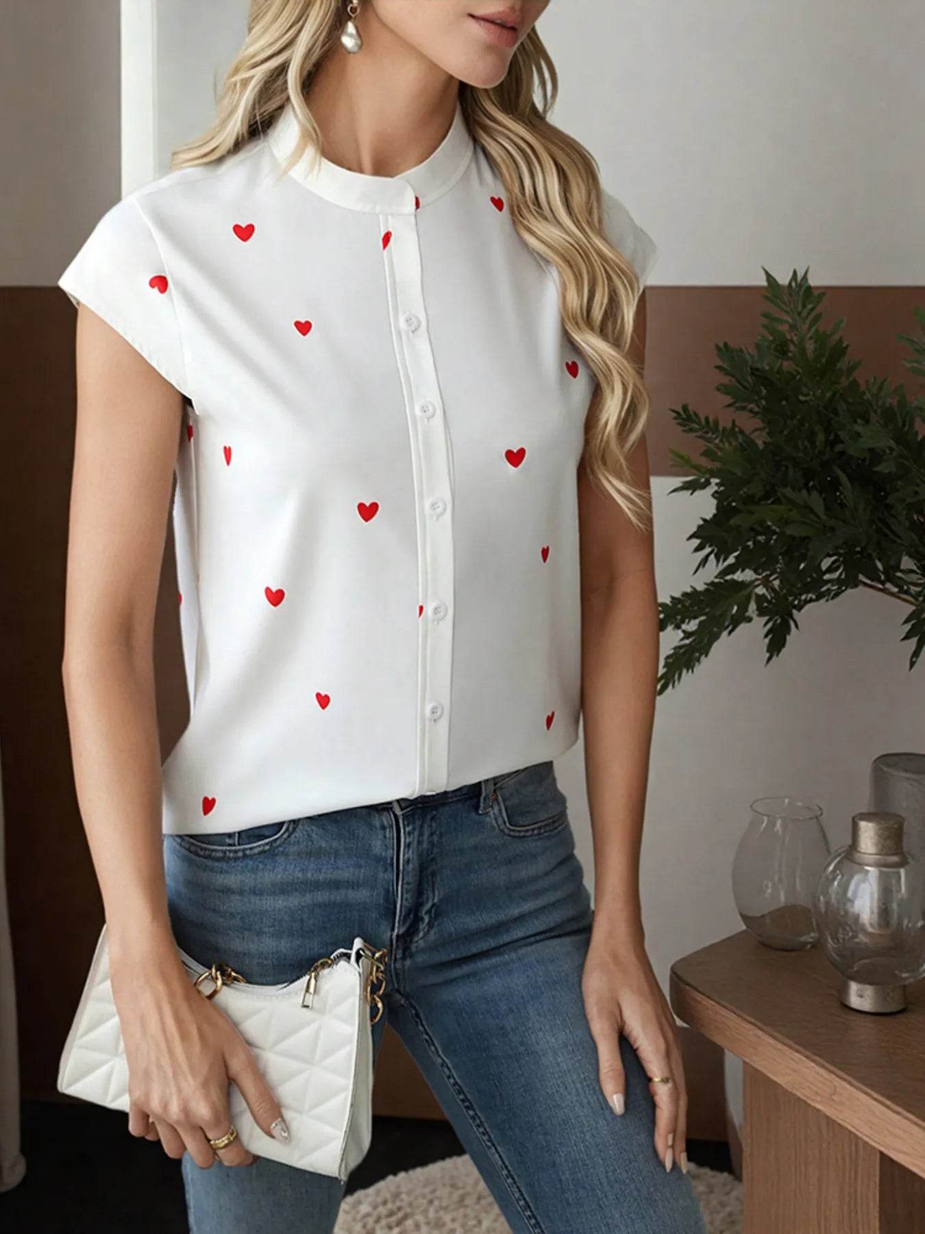 ❤️✨ Heart Print Cap Sleeve Button-Up Shirt 👕💕 - Patelcreations