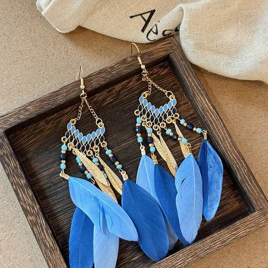 Native American Inspired Alloy Rice Bead Dangle Earrings - Feather & Tassel Design - Patelcreations