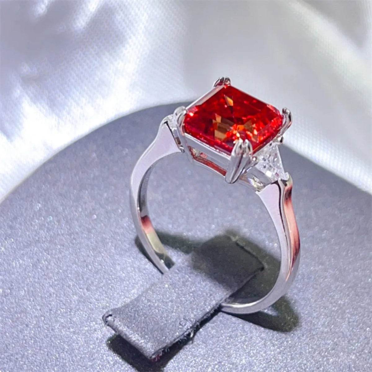 3 Carat Red Moissanite 925 Sterling Silver Ring - Emerald Cut Three-Stone Design - Patelcreations