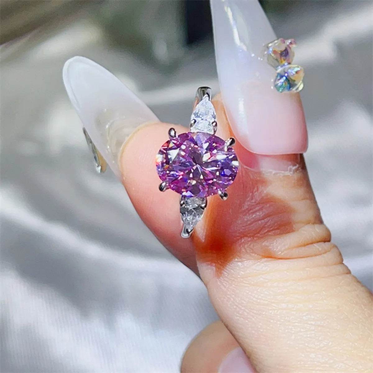 3 Carat Purple Moissanite 925 Sterling Silver Ring - Oval Cut Three-Stone Design - Patelcreations