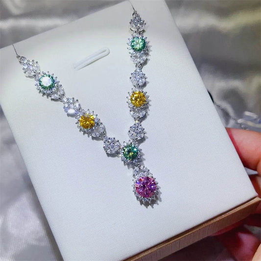 3.5 Carat Multicolor Moissanite 925 Sterling Silver Necklace - Rainbow Luxury Statement - Patelcreations