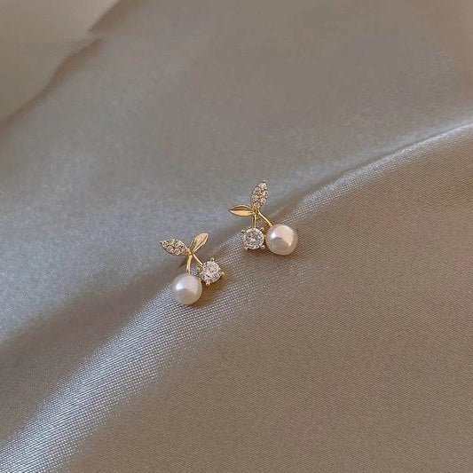 Cherry Blossom Pearl Stud Earrings - 14K Gold Plated Delicate Floral Design - Patelcreations