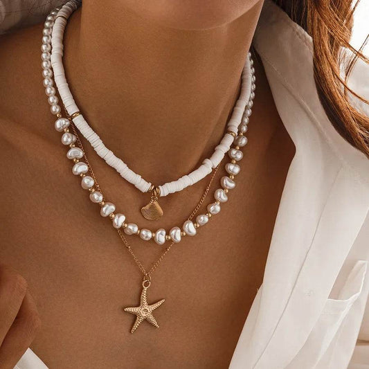 Layered Beach Necklace Set - Baroque Pearl & Starfish Chains - Patelcreations