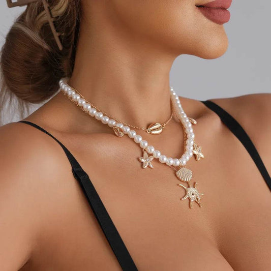 Ocean Dreams Layered Pearl Necklace Set - Starfish & Shell Charms - Patelcreations