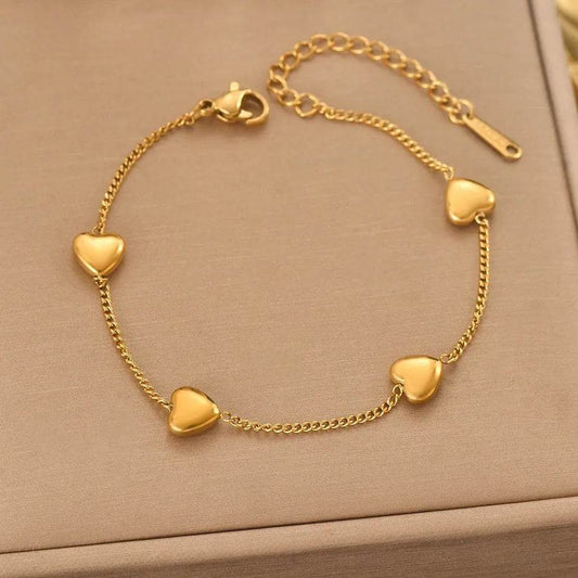 Waterproof Heart Station Bracelet - 316 Stainless Steel 18K Gold Plated Cuban Chain - Patelcreations