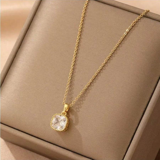 Waterproof Crystal Square Pendant Necklace - 316 Stainless Steel 18K Gold Plated - Patelcreations