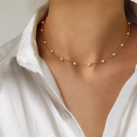Delicate Pearl Chain Choker - Minimalist Gold Silver Necklace - Patelcreations