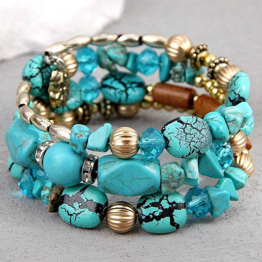 Waterproof Boho Beaded Bracelet Stack Set - 3 Piece Vintage Stone & Gold Plated Stretch Bracelets - Patelcreations
