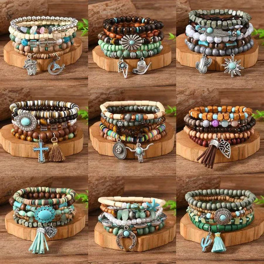 5-Piece Southwestern Boho Bracelet Stack - Handmade Beaded Jewelry with Western Charms - Patelcreations