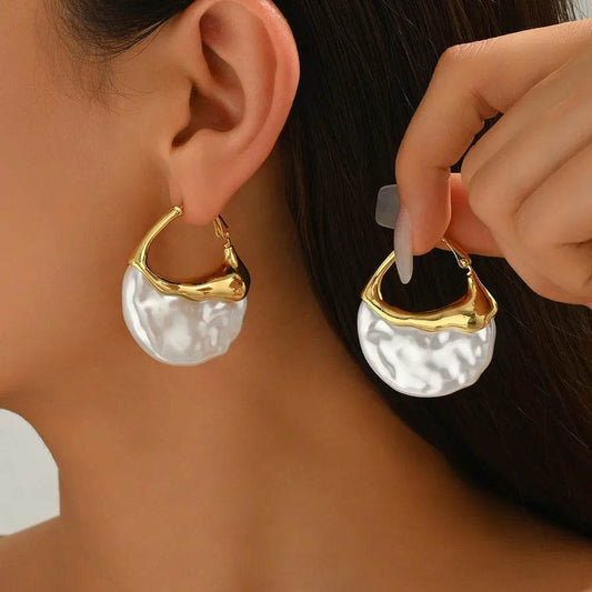 Pearl Embedded Geometric Hoop Earrings - Gold & White Elegant Design - Patelcreations