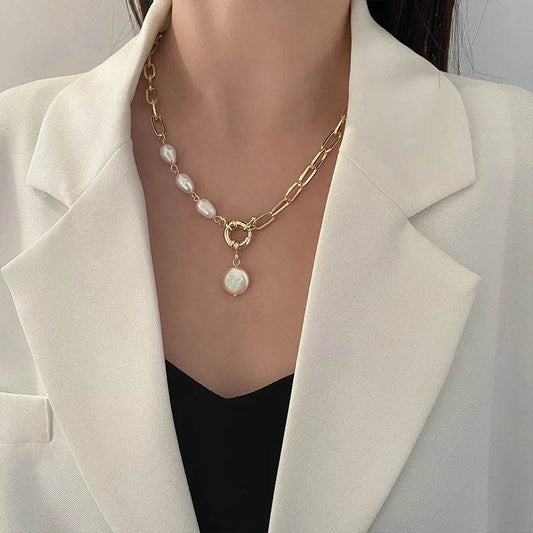 Gold Chain Link Baroque Pearl Necklace - Modern Toggle Clasp - Patelcreations