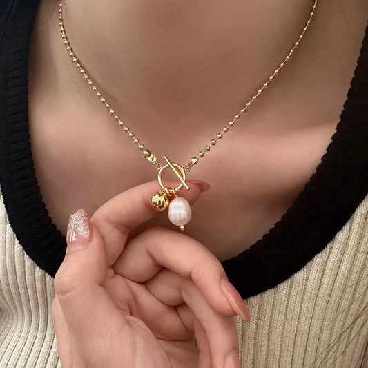 Waterproof Toggle Pearl Pendant Necklace - 316 Stainless Steel 18K Gold Plated - Patelcreations