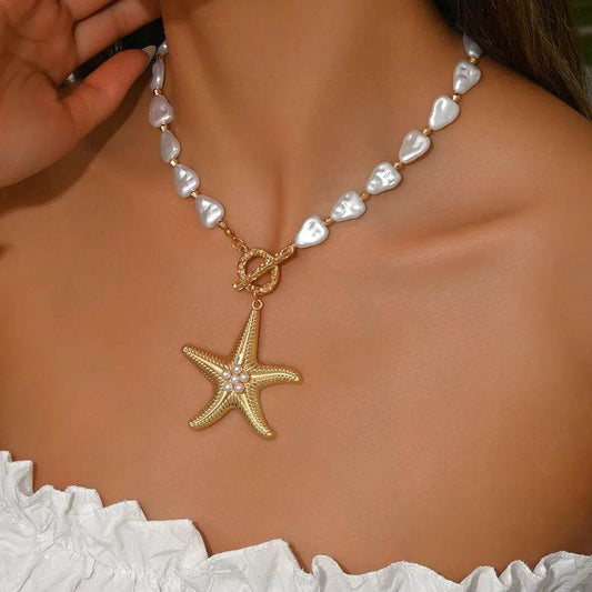 Bohemian Starfish Baroque Pearl Necklace - Coastal Beach Jewelry - Patelcreations